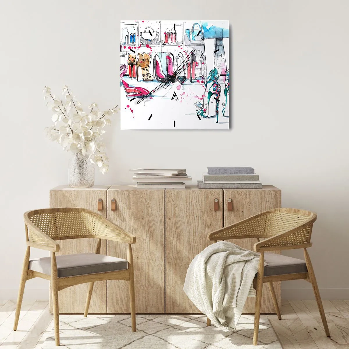 Wanduhr - Glasuhr - Künstlerische Grafiken mit High Heels und Accessoires - 30x30cm - Sesam, mach auf - Moderne Wanddekoration für Wohnzimmer und Schlafzimmer ARTTOR