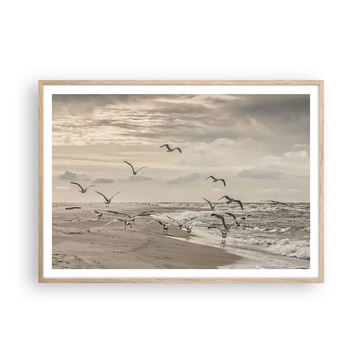 Poster in einem Rahmen aus heller Eiche - Meeresrauschen, Vogelgesang - 100x70 cm