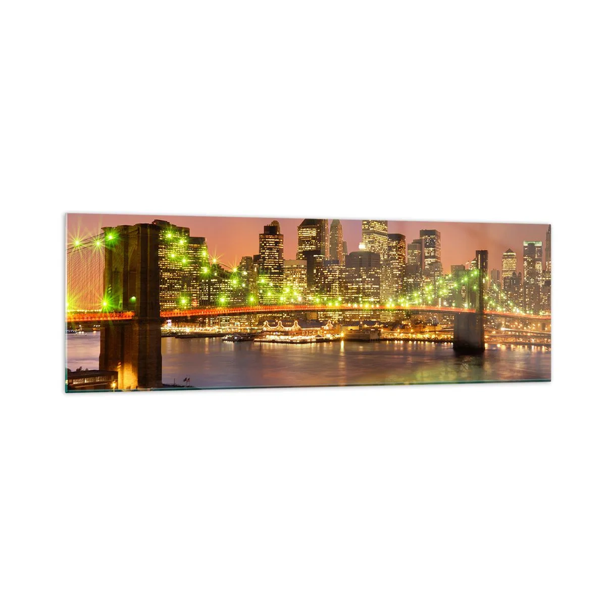Glasbild - Bild auf glas - Beleuchtete Brücke in einer modernen Stadt bei Nacht - 160x50cm - Hier geht das Licht nie aus - Moderne Wanddekoration für Wohnzimmer und Schlafzimmer ARTTOR