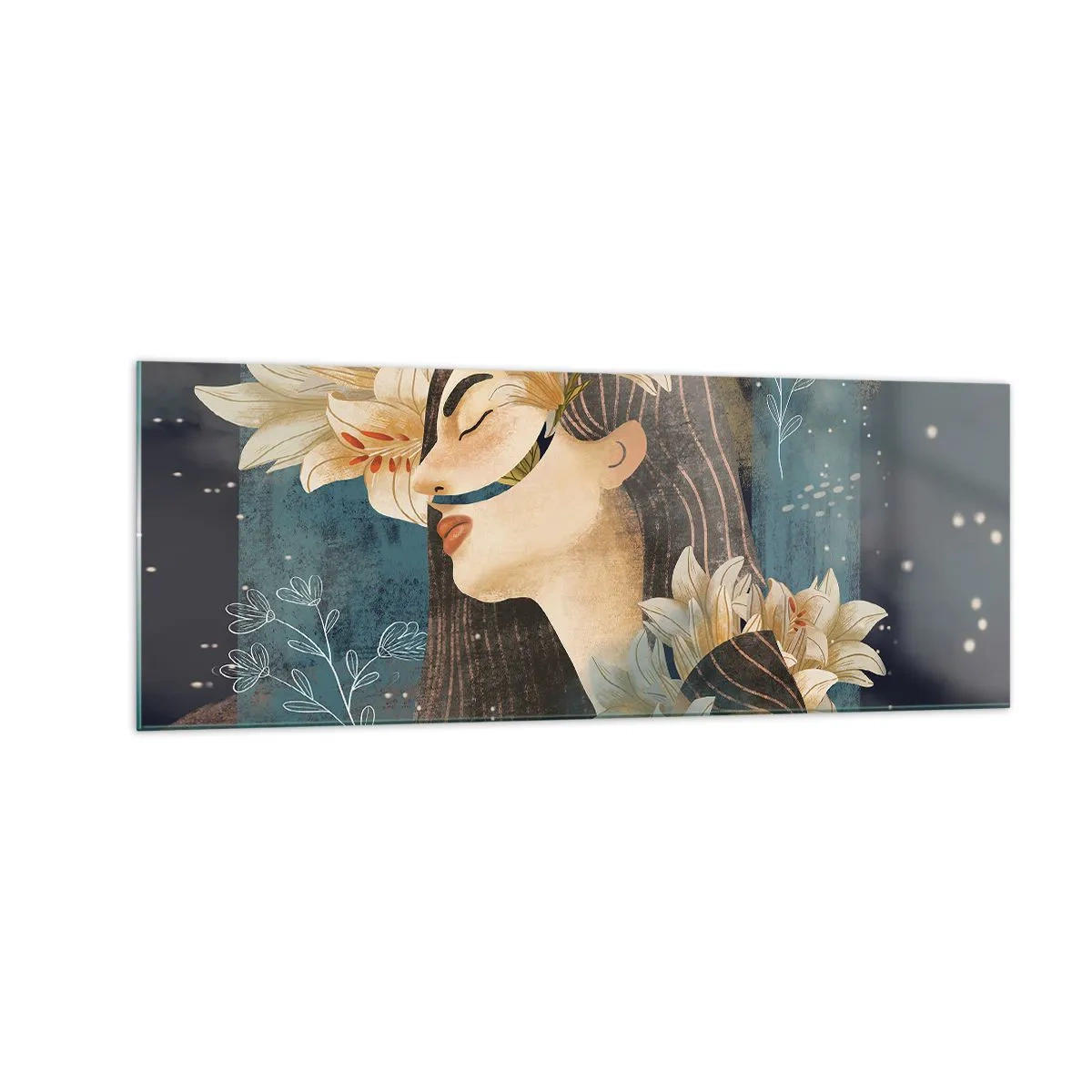 Glasbild - Bild auf glas - Porträt einer Frau mit Blumen im künstlerischen Stil auf dunklem Hintergrund - 140x50cm - Ein Märchen über eine Prinzessin mit Lilien - Moderne Wanddekoration für Wohnzimmer und Schlafzimmer ARTTOR