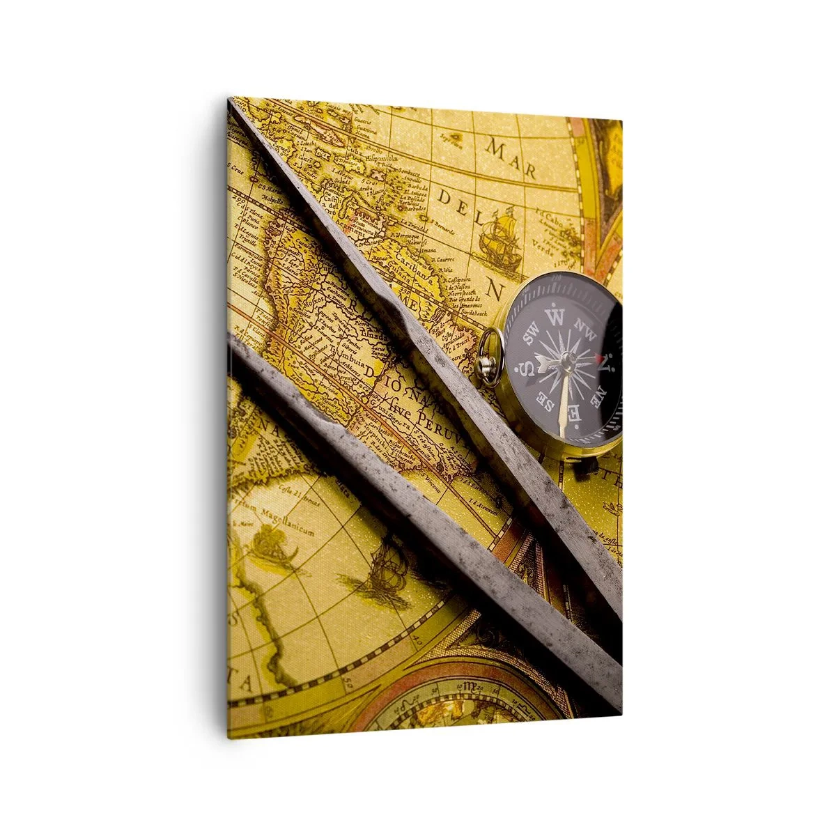Bild auf Leinwand - Leinwandbild - Eine antike Weltkarte mit einem Kompass und einem Zirkel im Hintergrund - 70x100cm - Wo sind diese Schätze? - Moderne Wanddekoration für Wohnzimmer und Schlafzimmer ARTTOR