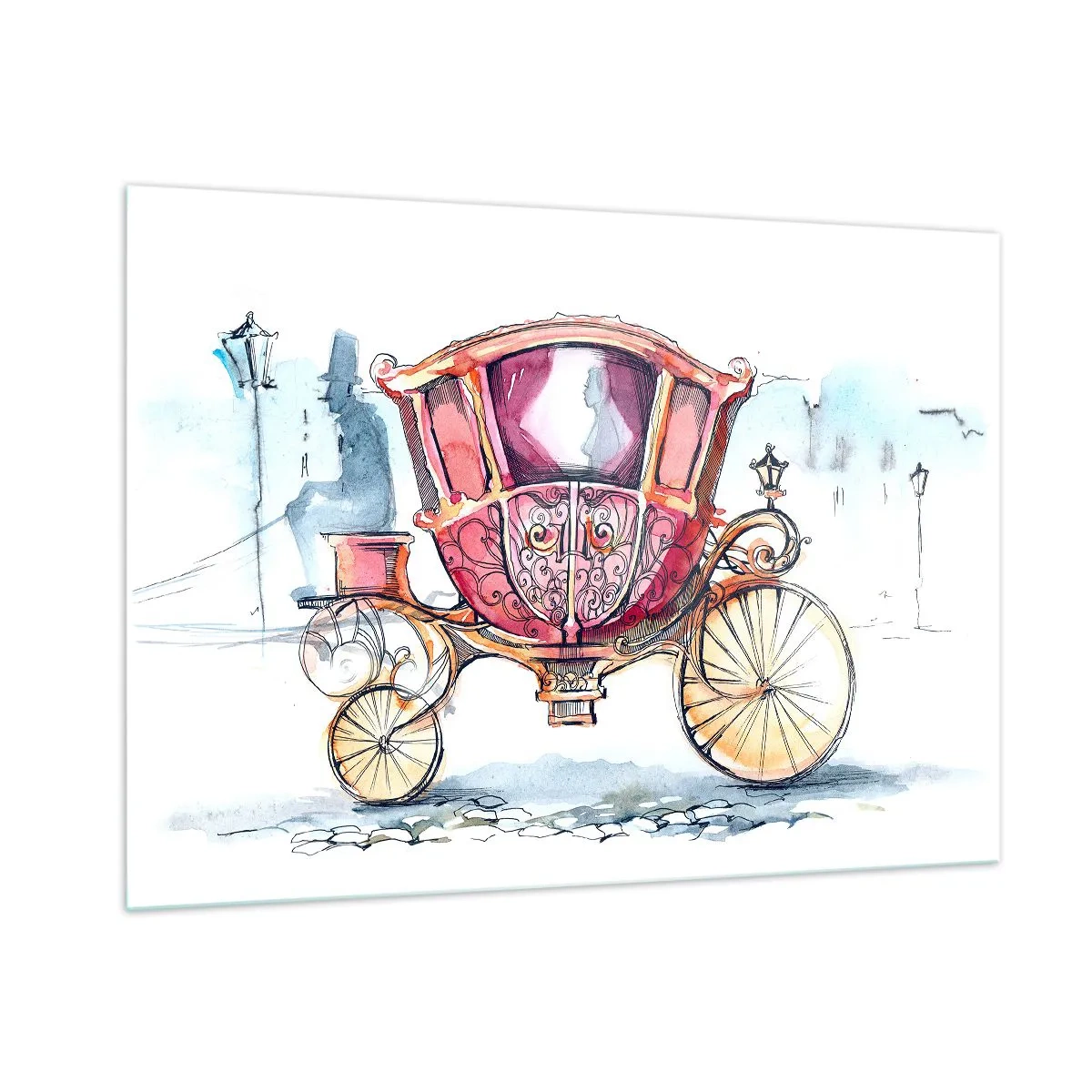 Glasbild - Bild auf glas - Eine elegante Kutsche im Aquarellstil vor einem Straßenhintergrund - 100x70cm - Zur Hochzeit oder zum Abschlussball? - Moderne Wanddekoration für Wohnzimmer und Schlafzimmer ARTTOR