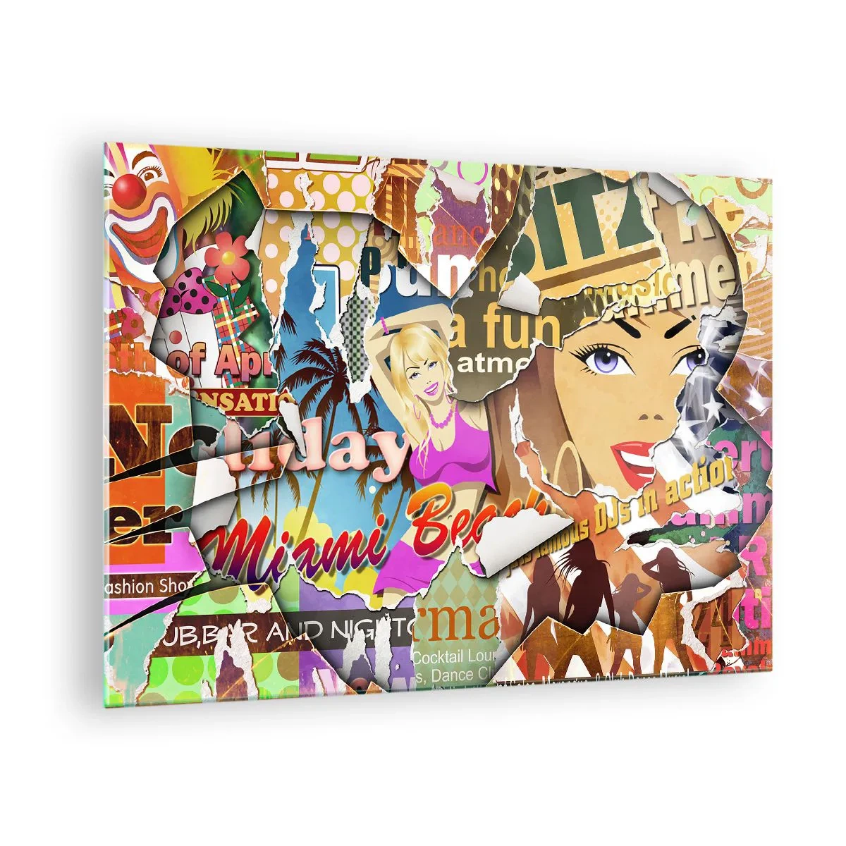 Glasbild - Bild auf glas - Bunte Retro-Collage mit Postern und Grafiken - 70x50cm - Sommer Rückblicke - Moderne Wanddekoration für Wohnzimmer und Schlafzimmer ARTTOR