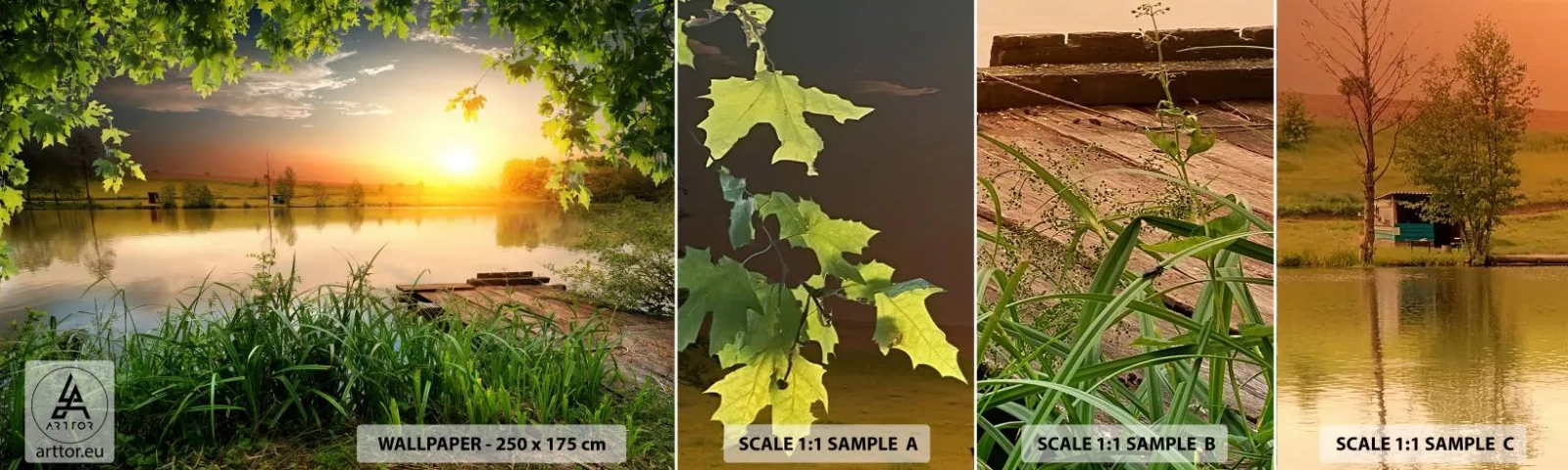 Fototapeten Muster Selbstklebend Deluxe Sticker - Landschaft in einem grünen Rahmen - Landschaft, See, Holzbrücke - 100x30 cm