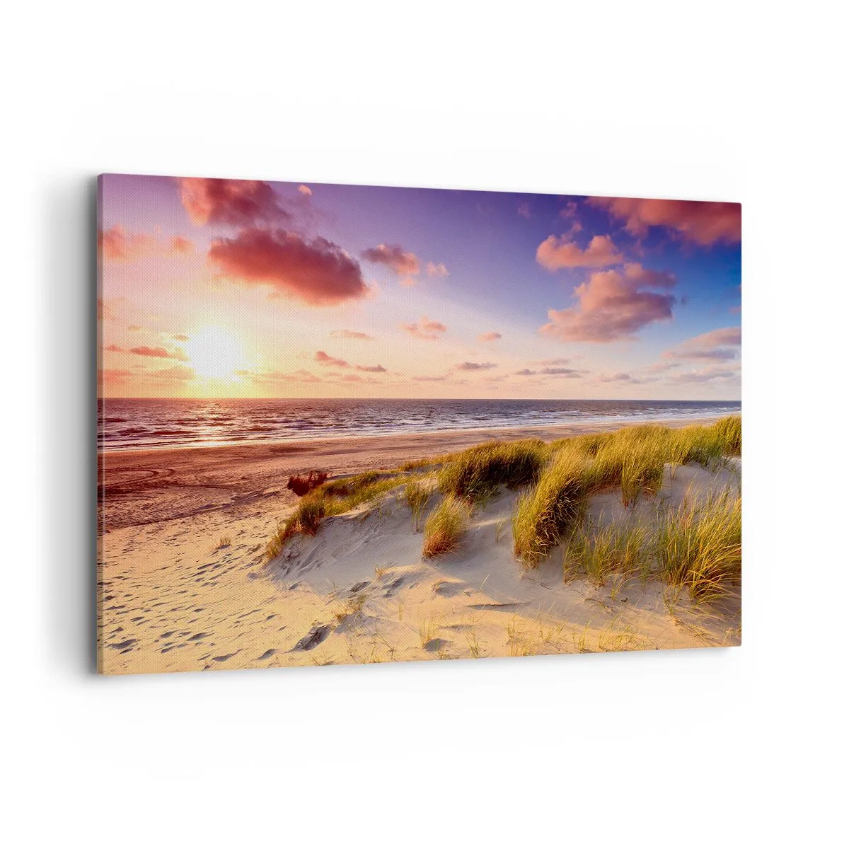 Bild auf Leinwand - Leinwandbild - Ein grasbewachsener Strand und ein Sonnenuntergang über einem ruhigen Meer - 120x80cm - Die Luft riecht schon im Sommer - Moderne Wanddekoration für Wohnzimmer und Schlafzimmer ARTTOR