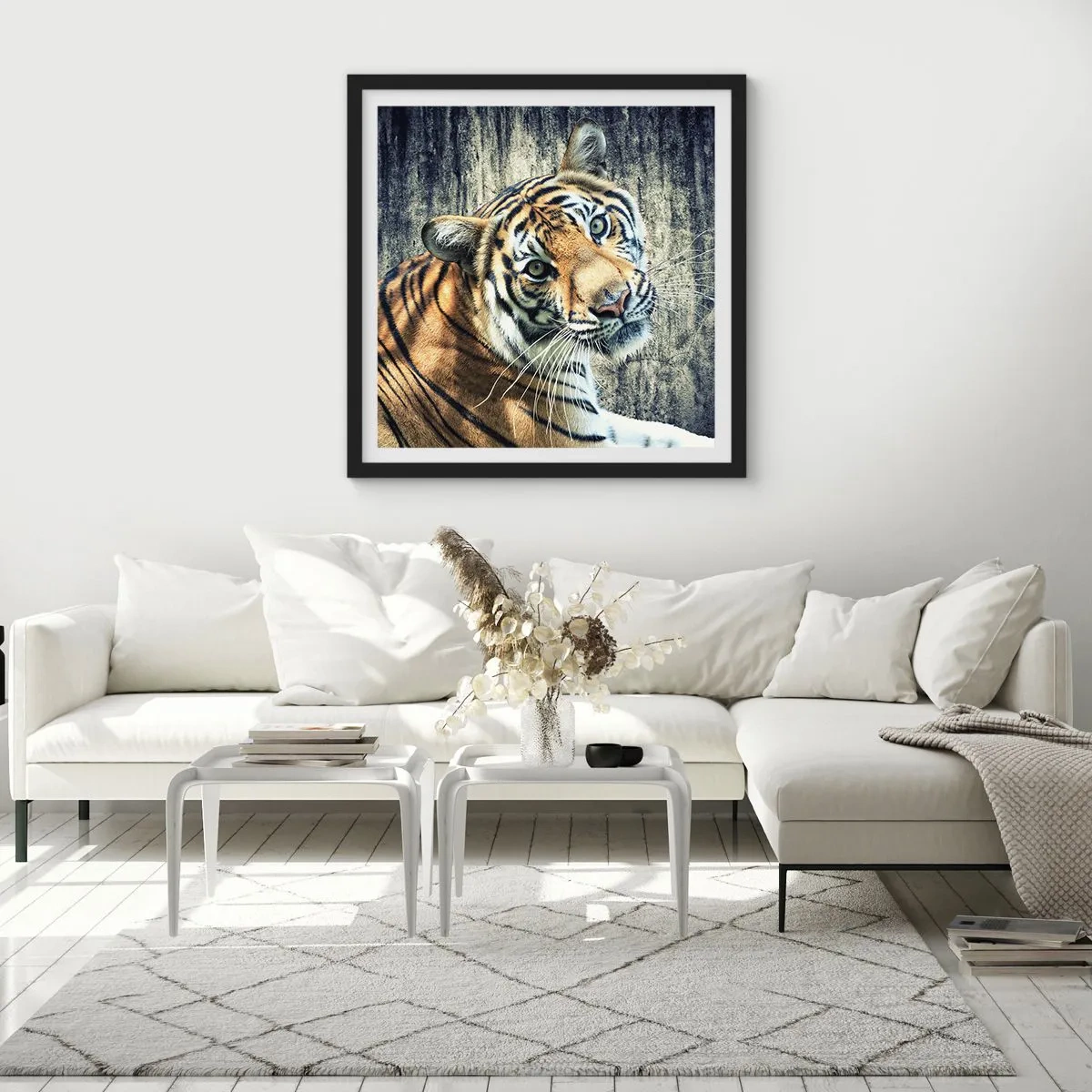 Poster in einem schwarzem Rahmen - Portrait in Lichtstrahlen - 60x60 cm