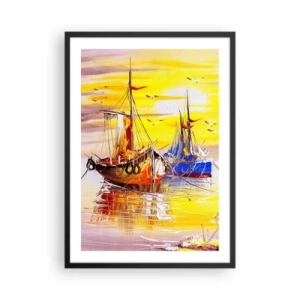 Poster in einem schwarzem Rahmen - Bunte Segelboote bei Sonnenuntergang - 50x70cm - Eine wohlverdiente Pause im Hafen - Moderne Wanddekoration für Wohnzimmer und Schlafzimmer ARTTOR
