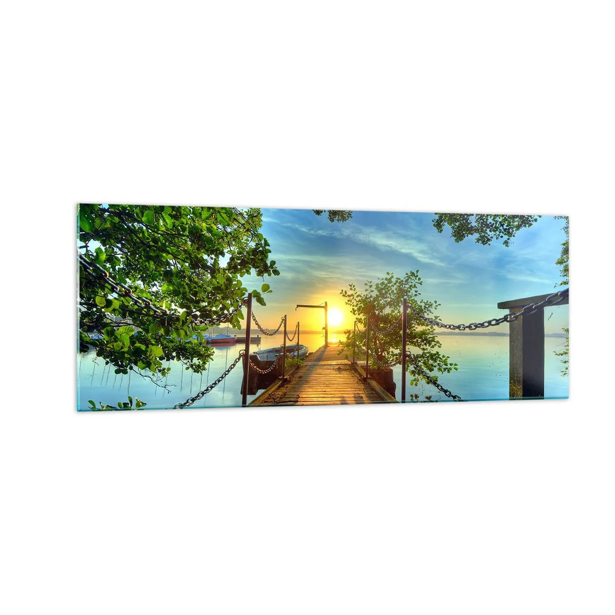 Glasbild - Bild auf glas - Ein Pier über dem See in den Strahlen des Sonnenuntergangs - 140x50cm - Westen auf dem Wasser - Moderne Wanddekoration für Wohnzimmer und Schlafzimmer ARTTOR