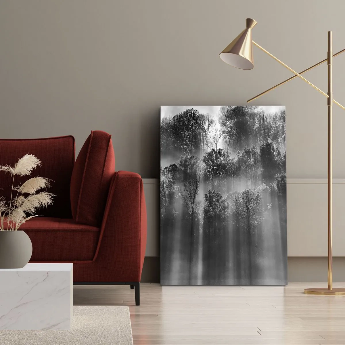 Bild auf Leinwand - Leinwandbild - Schwarz-weißer Wald im Morgenlicht - 80x120cm - In Lichtstrahlen - Moderne Wanddekoration für Wohnzimmer und Schlafzimmer ARTTOR