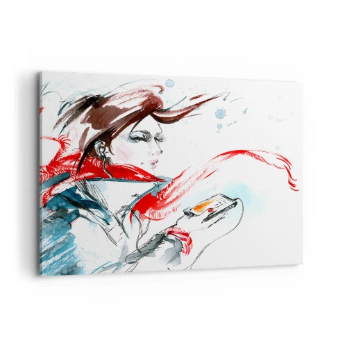 Bild auf Leinwand - Leinwandbild - Eine Frau in einem roten Schal mit dynamischen Aquarellstrichen - 100x70cm - Mit mir stimmt was nicht - Moderne Wanddekoration für Wohnzimmer und Schlafzimmer ARTTOR