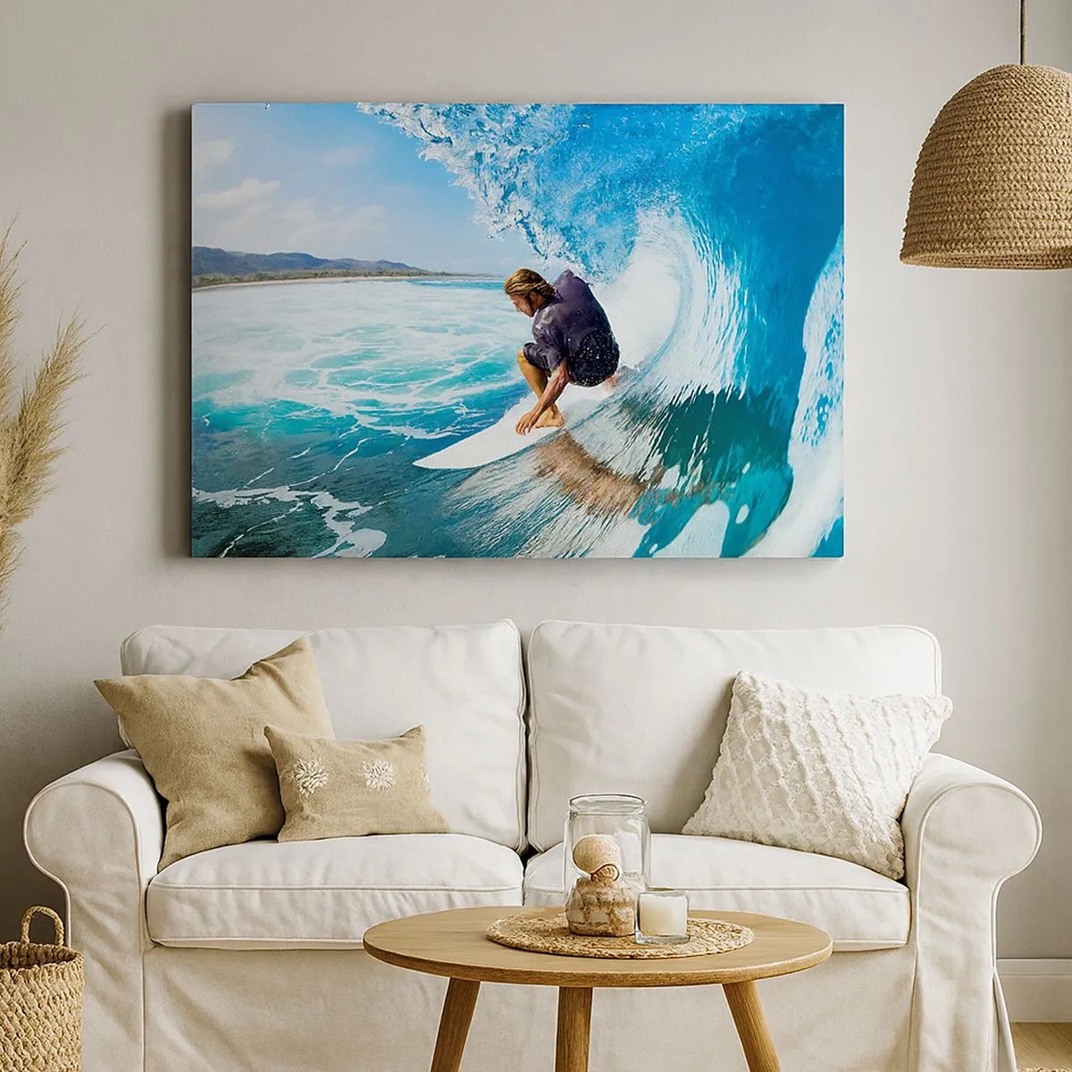 Bild auf Leinwand - Leinwandbild - Ein Surfer in dynamischer Pose auf einer Welle im türkisfarbenen Wasser. - 70x50cm - Tanzen mit den Wellen - Moderne Wanddekoration für Wohnzimmer und Schlafzimmer ARTTOR