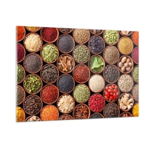 Glasbild - Bild auf glas - Eine Komposition aus verschiedenen Gewürzen in Holzschalen - 120x80cm - Alle Aromen der Welt - Moderne Wanddekoration für Wohnzimmer und Schlafzimmer ARTTOR