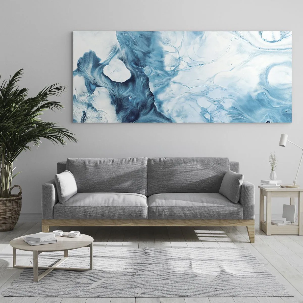 Glasbild - Bild auf glas - Abstraktes Muster in Blautönen - 140x50cm - Blaues Konzert - Moderne Wanddekoration für Wohnzimmer und Schlafzimmer ARTTOR