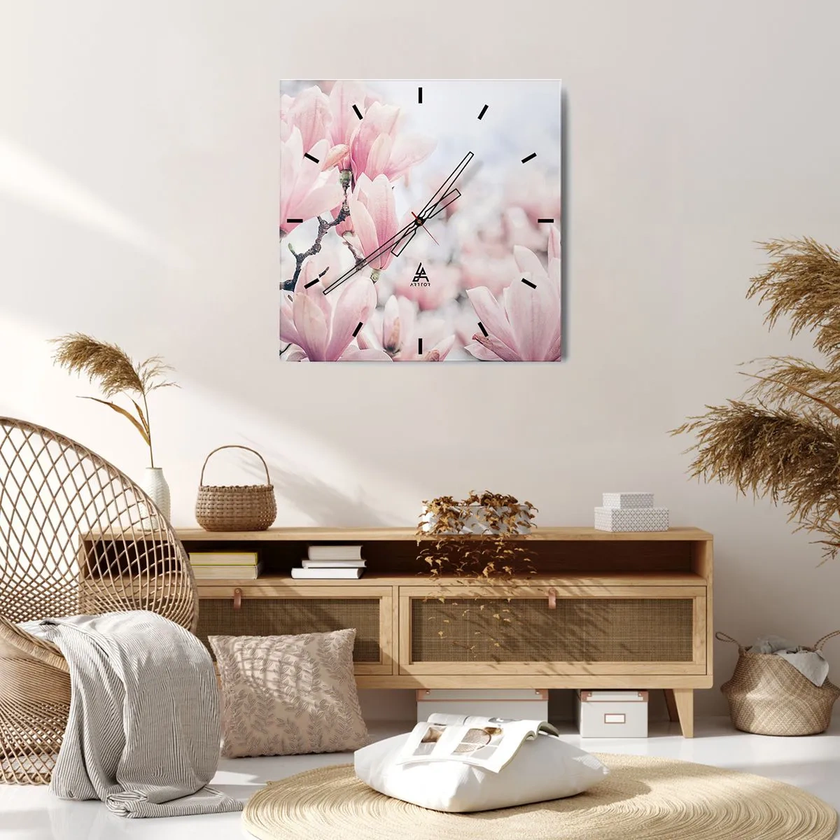 Wanduhr - Glasuhr - Dezente Magnolienblüten in zarten Rosatönen - 30x30cm - Das Ideal der Subtilität - Moderne Wanddekoration für Wohnzimmer und Schlafzimmer ARTTOR