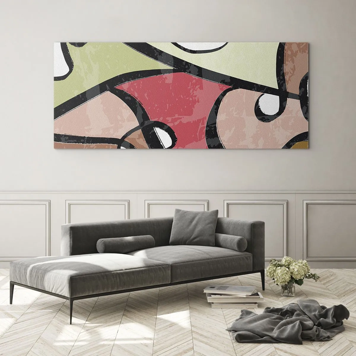 Glasbild - Bild auf glas - Bunte abstrakte Formen mit schwarzen Linien - 120x50cm - Pirouetten unter Farben - Moderne Wanddekoration für Wohnzimmer und Schlafzimmer ARTTOR