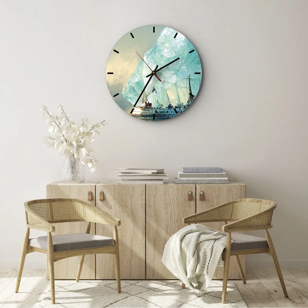Wanduhr - Glasuhr - Ein Schiff zwischen blauen Eisbergen vor dem Himmel - 30x30cm - Arktischer Diamant - Moderne Wanddekoration für Wohnzimmer, Küche und Schlafzimmer ARTTOR