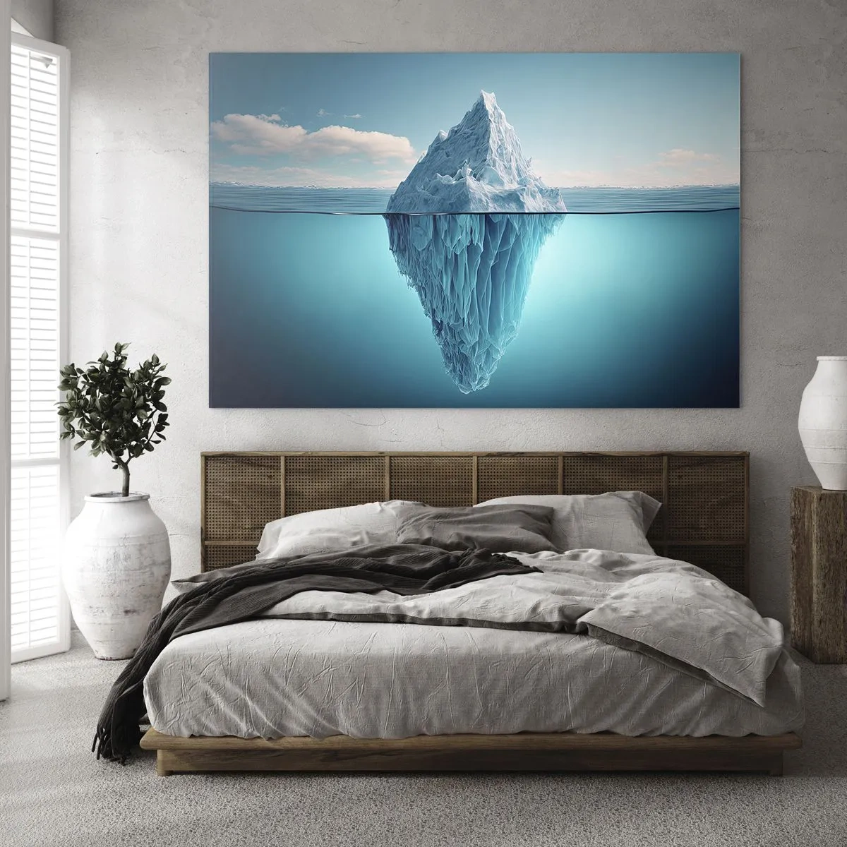 Glasbild - Bild auf glas - Ein im Ozean schwimmender Eisberg, von dem ein Teil unter Wasser sichtbar ist. - 100x70cm - Königin des Eises - Moderne Wanddekoration für Wohnzimmer und Schlafzimmer ARTTOR