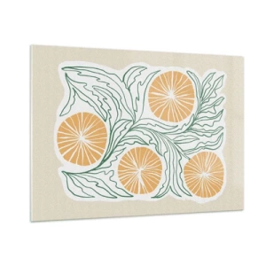 Glasbild - Bild auf glas - Orangefarbene Früchte und grüne Blätter in einer grafischen Komposition - 100x70cm - Ethnisch mit einem Hauch von Abstraktion - Moderne Wanddekoration für Wohnzimmer und Schlafzimmer ARTTOR