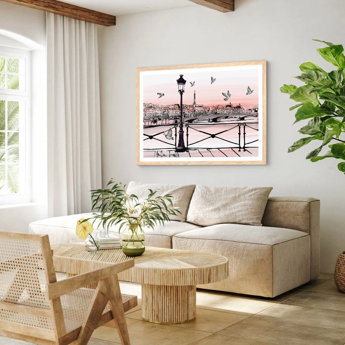 Poster in einem Rahmen aus heller Eiche - Über den Dächern von Paris - 91x61 cm