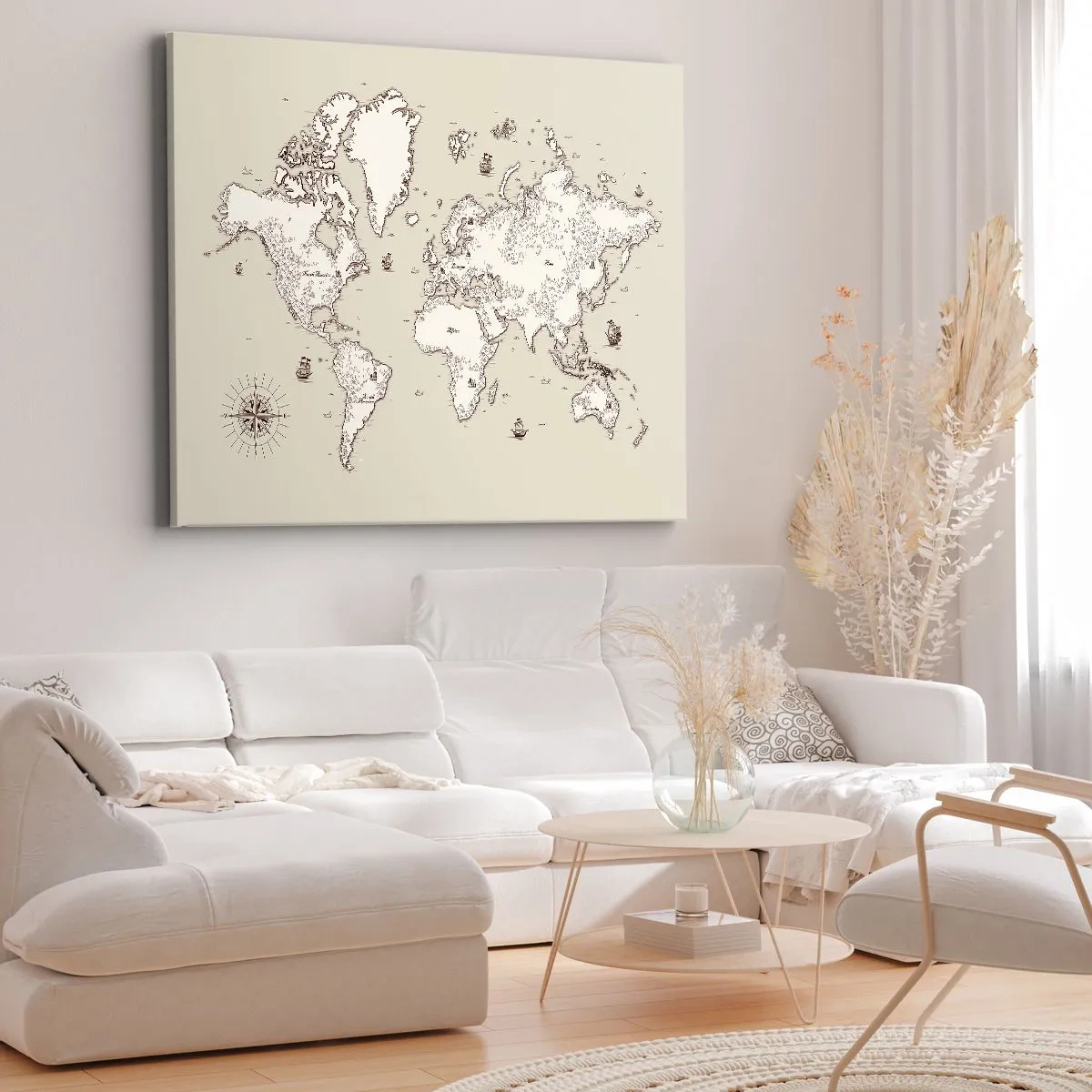 Bild auf Leinwand - Leinwandbild - Eine stilisierte Weltkarte in Beige- und Brauntönen. - 70x50cm - Reise um die Welt - Moderne Wanddekoration für Wohnzimmer und Schlafzimmer ARTTOR