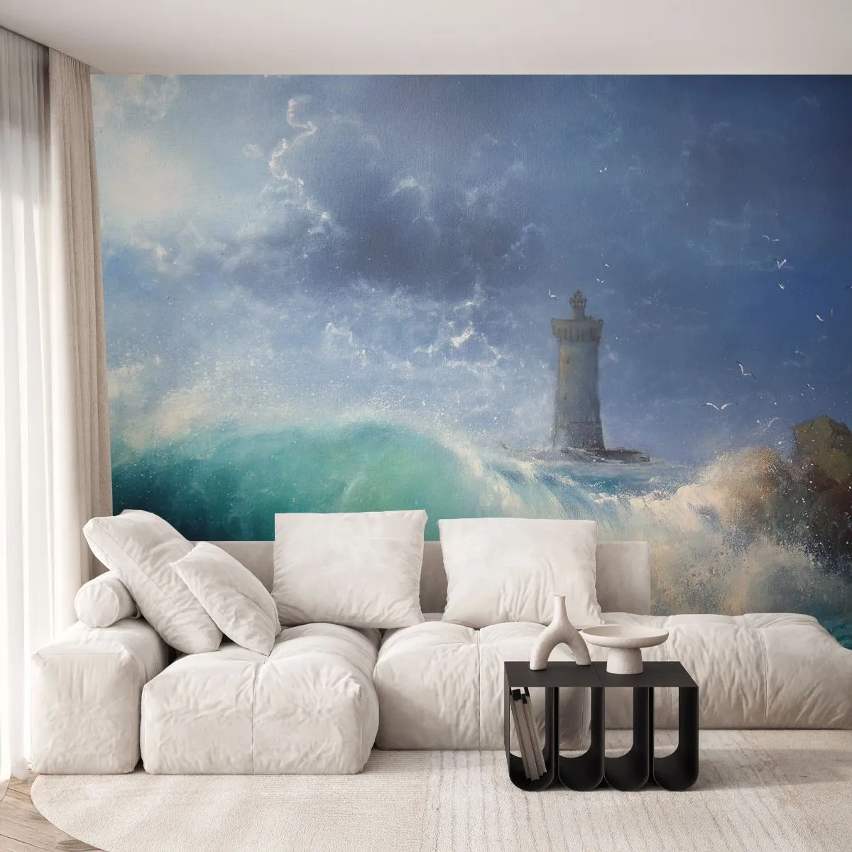 Selbstklebende Fototapete Deluxe Sticker - Auf der Hut vor den Elementen - Landschaft, Leuchtturm, Sturm - 500x350 cm