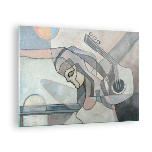 Glasbild - Bild auf glas - Künstlerische Figur einer Frau mit Gitarre in Pastellfarben - 70x50cm - In der Kraft der Musik - Moderne Wanddekoration für Wohnzimmer und Schlafzimmer ARTTOR