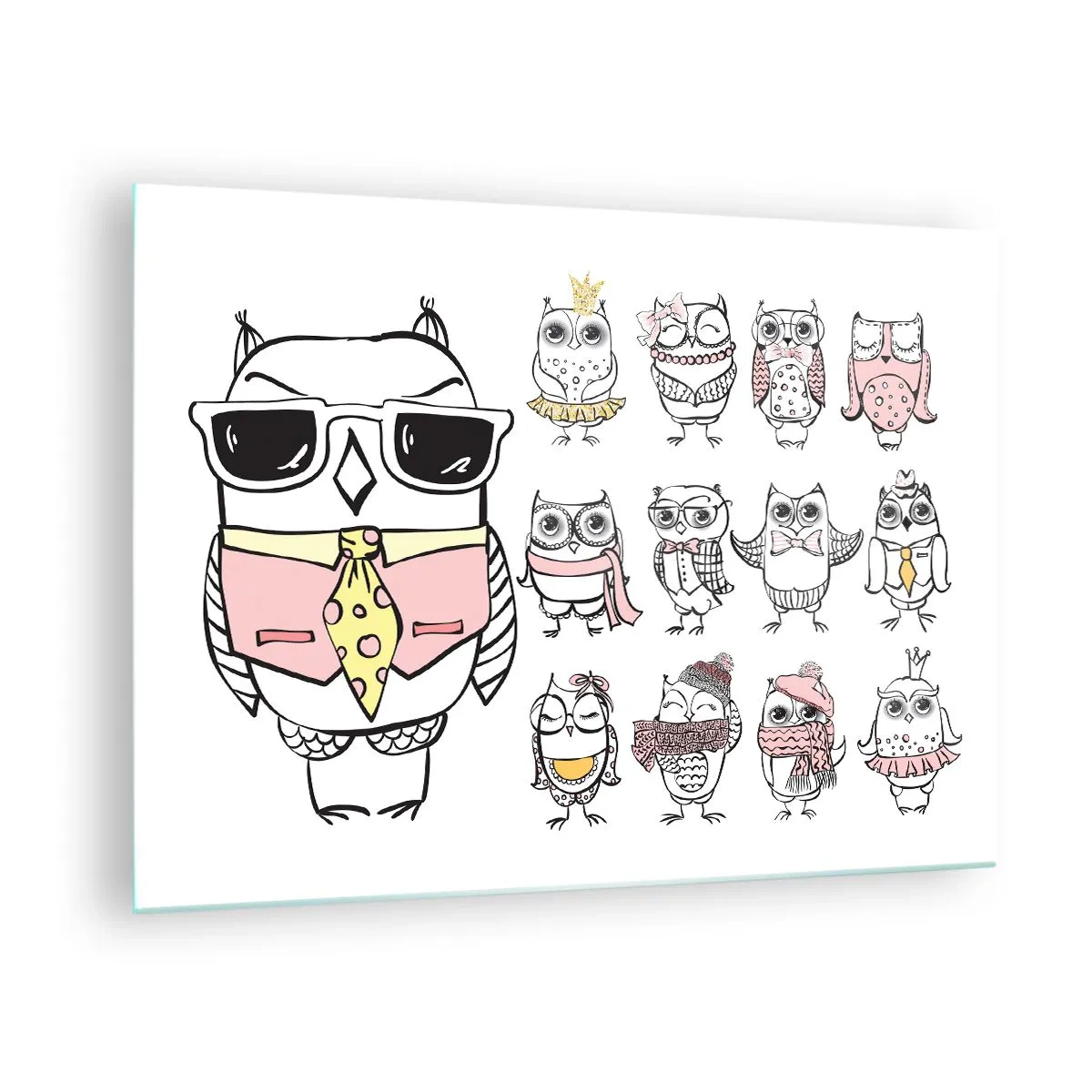 Glasbild - Bild auf glas - Lustige Eulenzeichnungen in verschiedenen Stilen - 70x50cm - So viele Rollen zu spielen - Moderne Wanddekoration für Wohnzimmer und Schlafzimmer ARTTOR