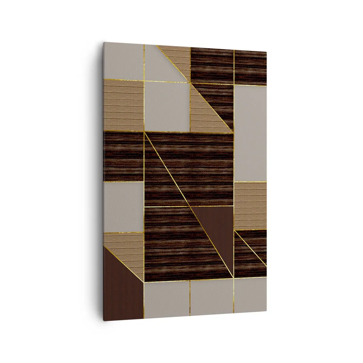 Bild auf Leinwand - Leinwandbild - Geometrische Muster in Brauntönen mit goldenen Linien - 80x120cm - Ein Mosaik aus Braun und Gold - Moderne Wanddekoration für Wohnzimmer und Schlafzimmer ARTTOR