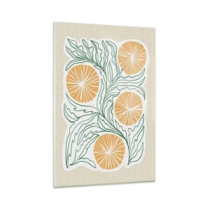 Glasbild - Bild auf glas - Ein minimalistisches orangefarbenes Motiv mit grünen Blättern - 80x120cm - Ethnisch mit einem Hauch von Abstraktion - Moderne Wanddekoration für Wohnzimmer und Schlafzimmer ARTTOR