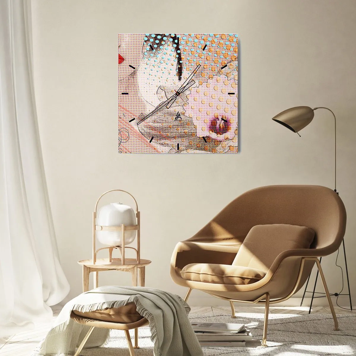 Wanduhr - Glasuhr - Abstraktes Kunstwerk mit Mund- und Orchideenmotiv - 30x30cm - Comic-Heldin - Moderne Wanddekoration für Wohnzimmer und Schlafzimmer ARTTOR