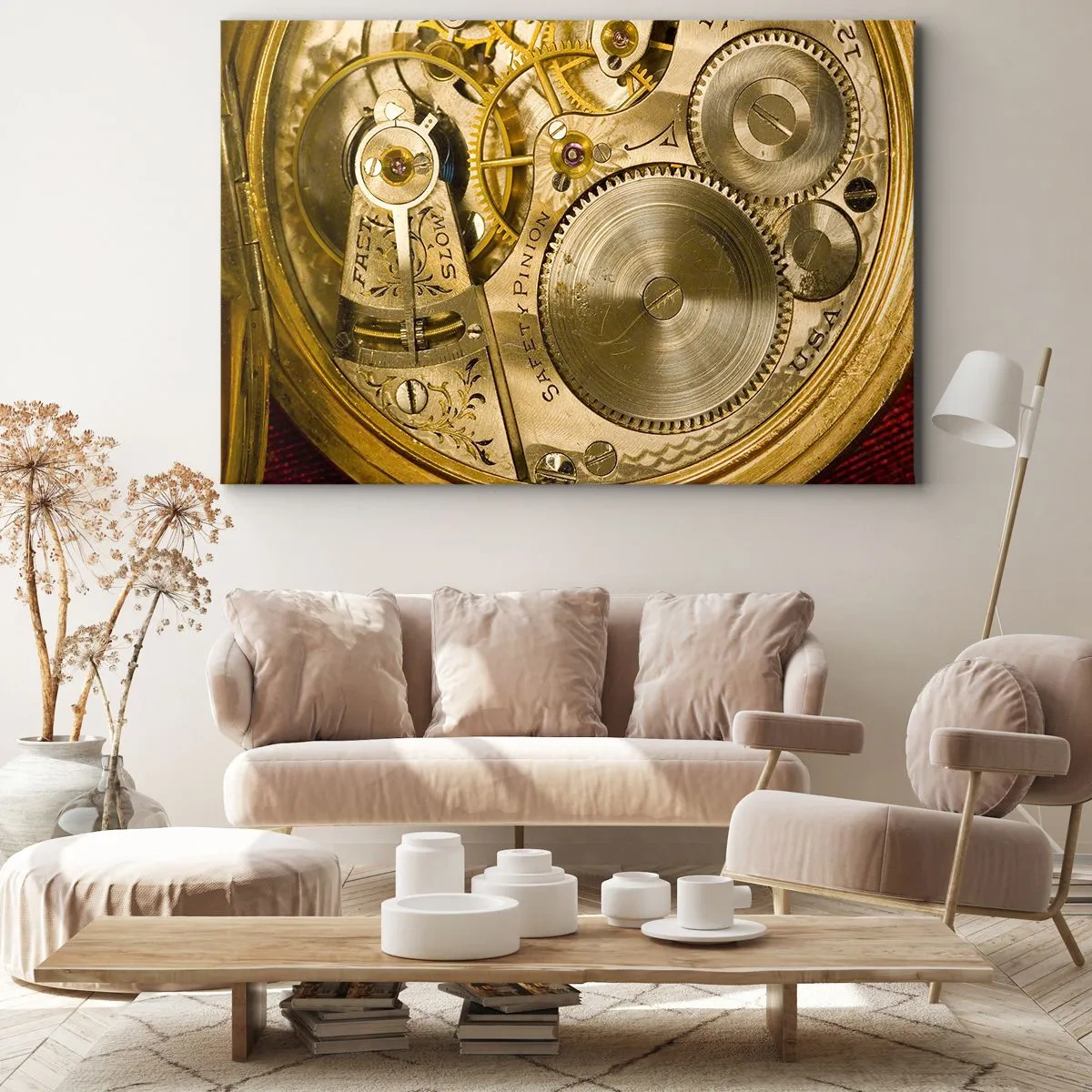 Bild auf Leinwand - Leinwandbild - Uhrwerk mit sichtbaren Zahnrädern und Details - 70x50cm - Geh mit der Zeit - Moderne Wanddekoration für Wohnzimmer und Schlafzimmer ARTTOR