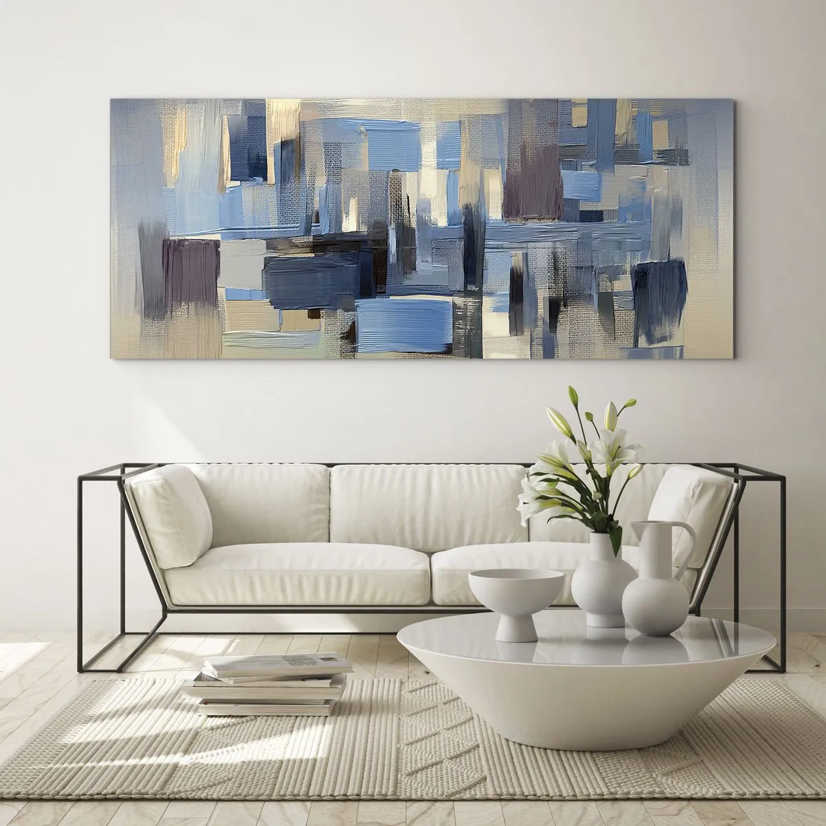 Glasbild - Bild auf glas - Geometrische Formen in Blau- und Beigetönen - 160x50cm - Blaue Konstruktion - Moderne Wanddekoration für Wohnzimmer und Schlafzimmer ARTTOR