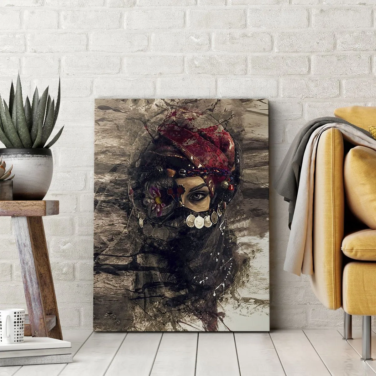 Bild auf Leinwand - Leinwandbild - Künstlerisches Porträt einer Frau in orientalischer Kleidung vor abstraktem Hintergrund. - 70x100cm - Gelinde gesagt besorgniserregend - Moderne Wanddekoration für Wohnzimmer und Schlafzimmer ARTTOR