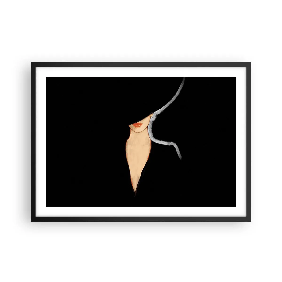 Poster in einem schwarzem Rahmen - Silhouette einer Frau mit Hut auf schwarzem Hintergrund - 70x50cm - Eleganz und Stil - Moderne Wanddekoration für Wohnzimmer und Schlafzimmer ARTTOR
