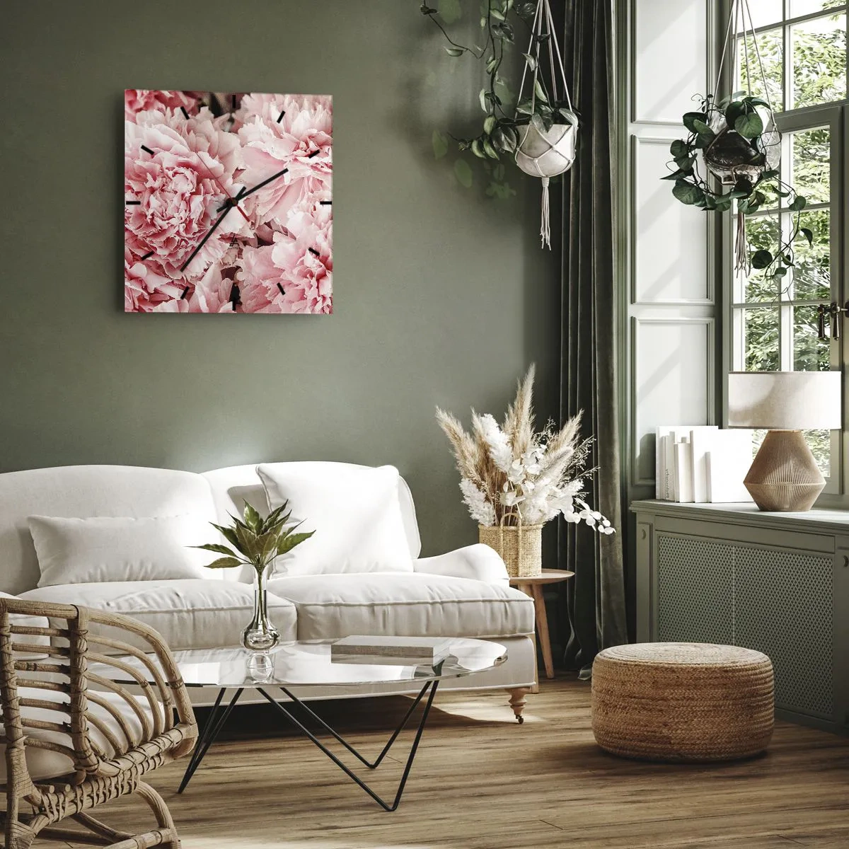 Wanduhr - Glasuhr - Zarte rosa Pfingstrosen in zartem Ambiente - 30x30cm - Rosa Traum - Moderne Wanddekoration für Wohnzimmer und Schlafzimmer ARTTOR
