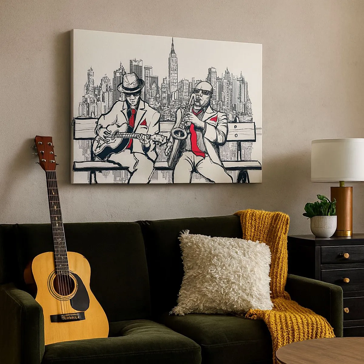 Bild auf Leinwand - Leinwandbild - Ein Jazzduo mit Saxophon und Gitarre vor der Kulisse der Stadt - 70x50cm - New Yorker Improvisation - Moderne Wanddekoration für Wohnzimmer und Schlafzimmer ARTTOR