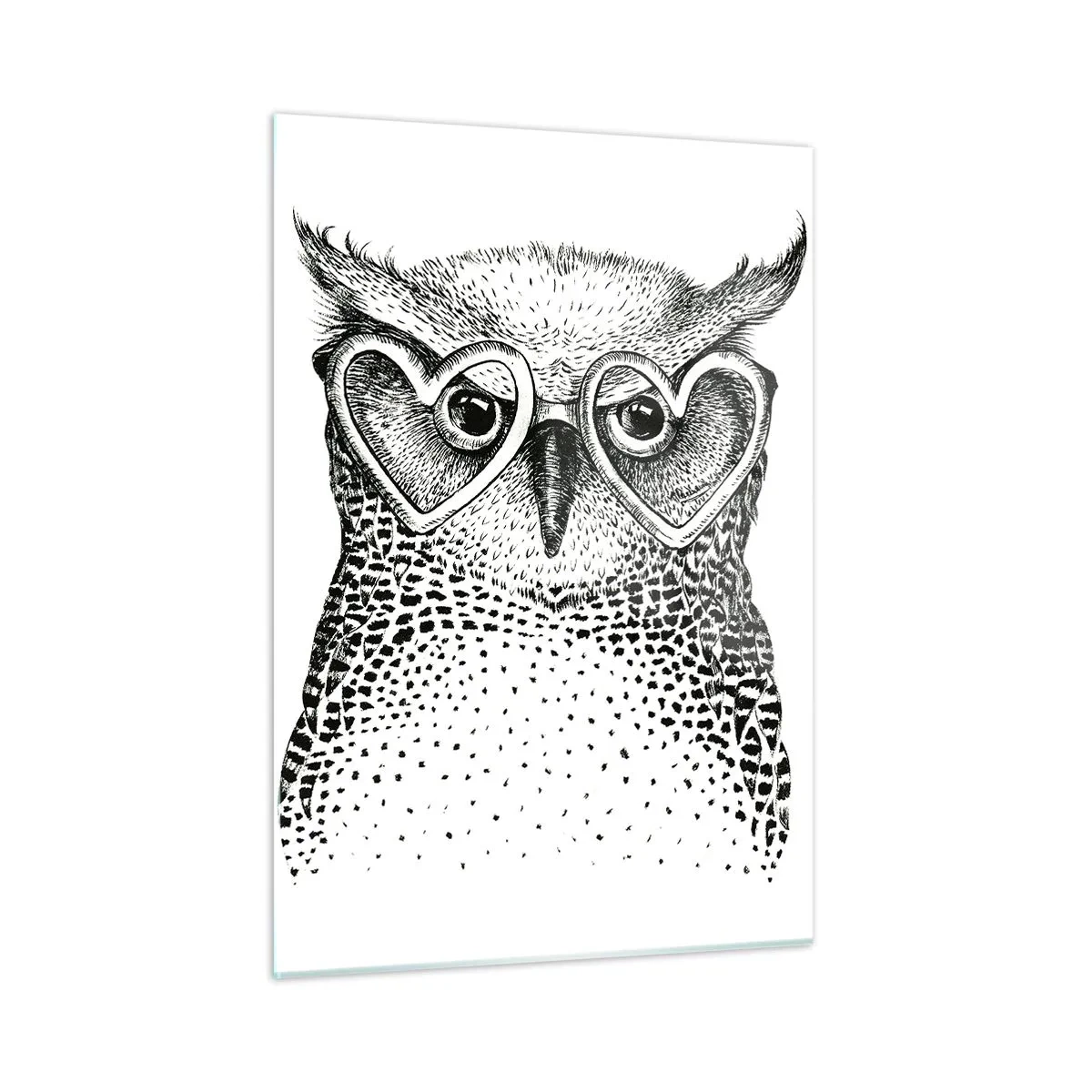 Glasbild - Bild auf glas - Abbildung einer Eule mit herzförmiger Brille - 50x70cm - Klug und mit Liebe - Moderne Wanddekoration für Wohnzimmer und Schlafzimmer ARTTOR