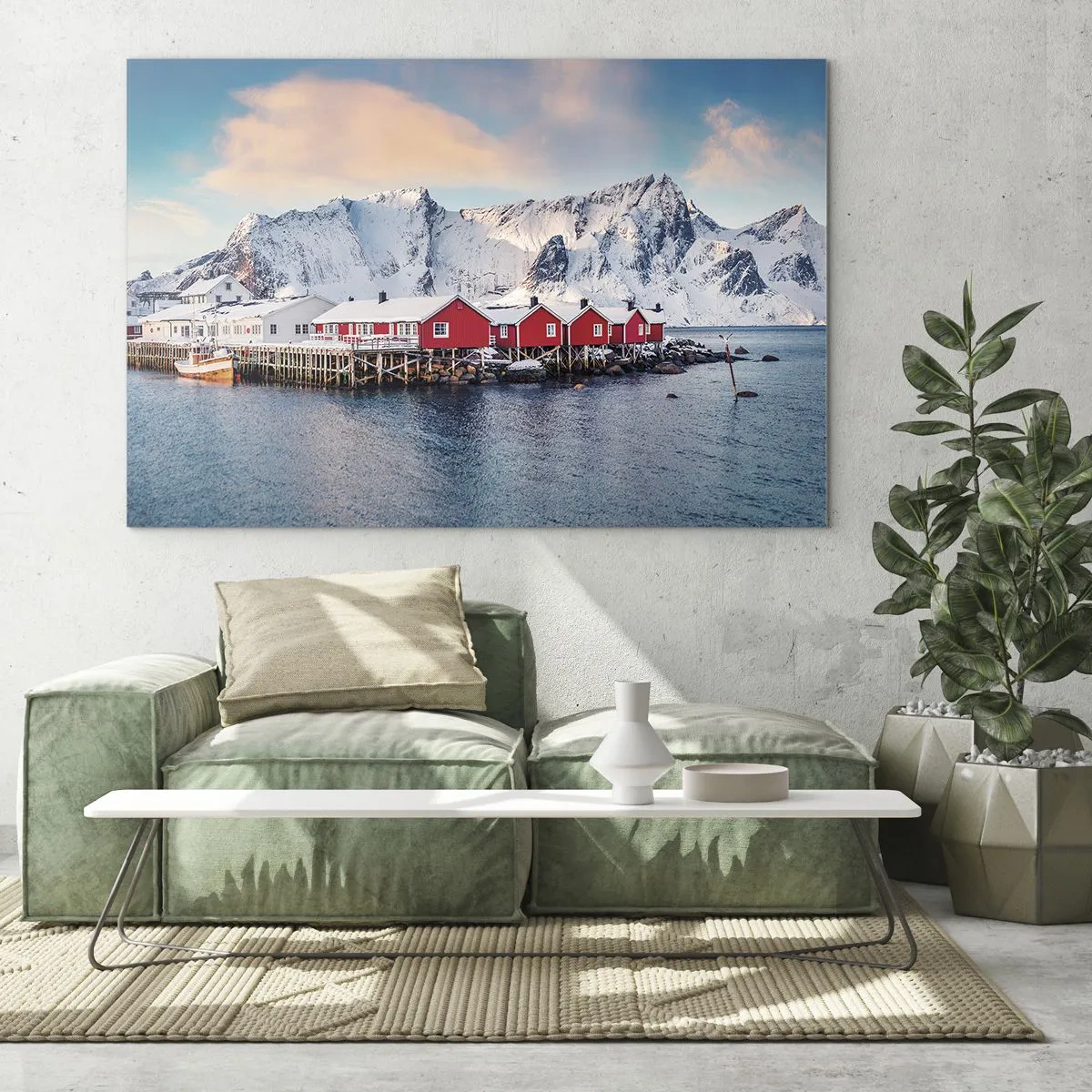 Glasbild - Bild auf glas - Rote Fischerhütten am Fjord mit Bergen im Hintergrund - 70x50cm - Nördlicher Rückzug - Moderne Wanddekoration für Wohnzimmer und Schlafzimmer ARTTOR