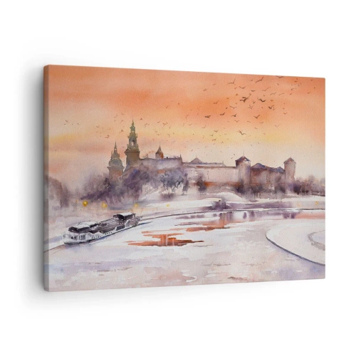 Bild auf Leinwand - Leinwandbild - Sonnenuntergang über dem Schloss in einer Winterlandschaft - 70x50cm - Königlicher Sonnenuntergang - Moderne Wanddekoration für Wohnzimmer und Schlafzimmer ARTTOR