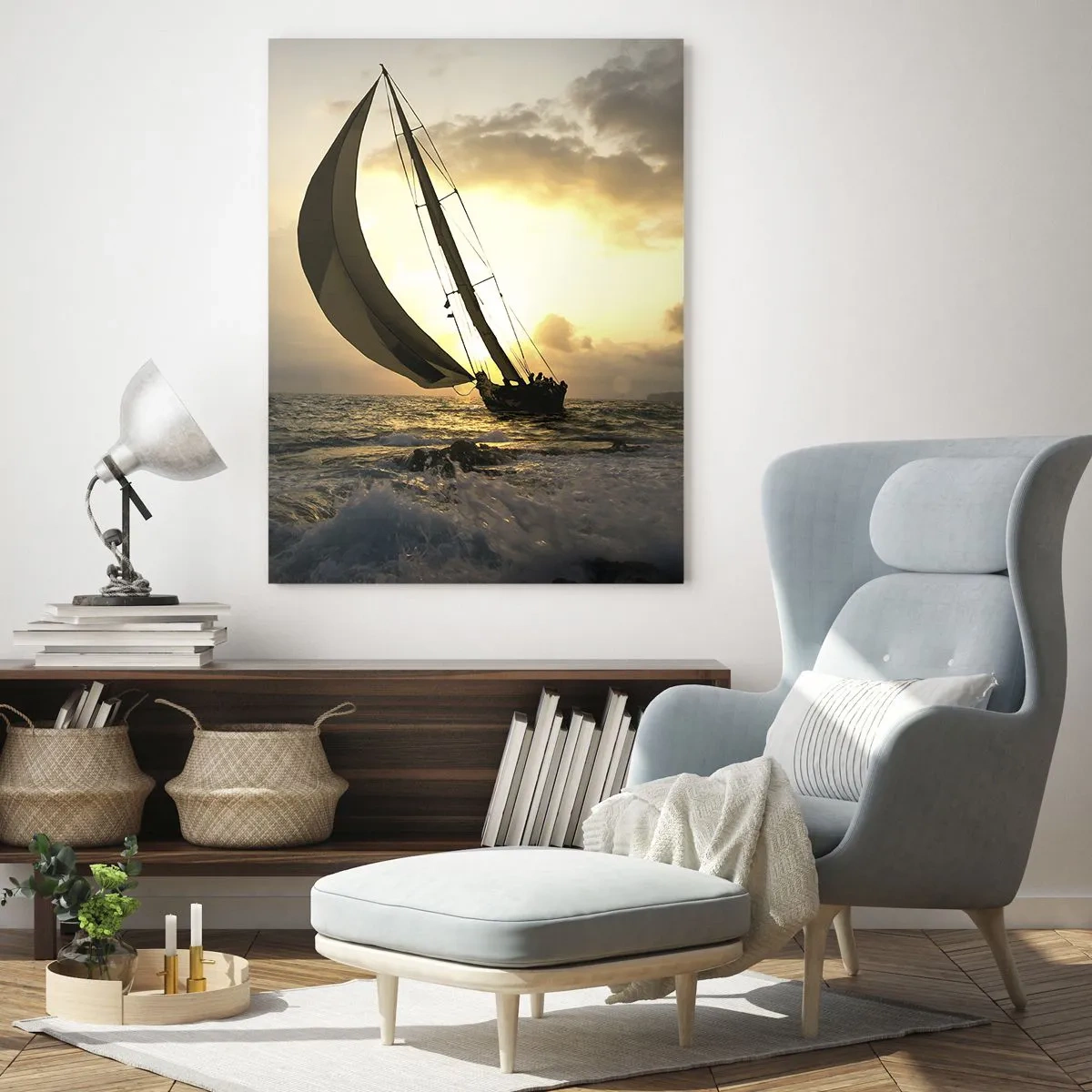 Glasbild - Bild auf glas - Segelboote in stürmischer See bei Sonnenuntergang - 50x70cm - Mit dem Wind und gegen den Wind - Moderne Wanddekoration für Wohnzimmer und Schlafzimmer ARTTOR
