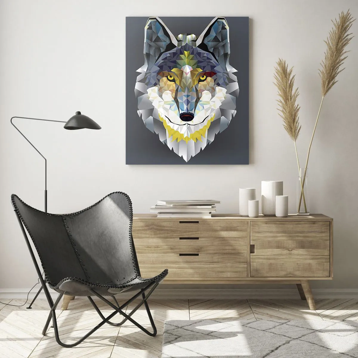 Glasbild - Bild auf glas - Geometrisches Bild eines Wolfes auf grauem Hintergrund - 70x100cm - Vom Teufel sprechen - Moderne Wanddekoration für Wohnzimmer und Schlafzimmer ARTTOR