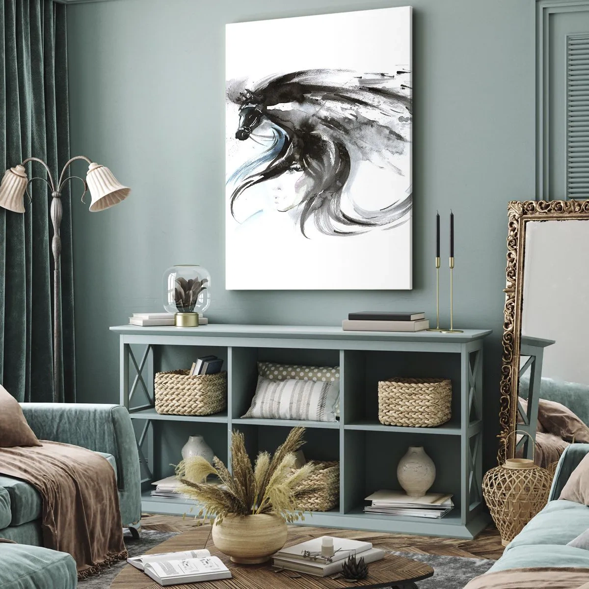 Bild auf Leinwand - Leinwandbild - Eine Frau und ein Pferd in einem mystischen Aquarell voller Dynamik - 50x70cm - Schwarzer Prinz Galopp - Moderne Wanddekoration für Wohnzimmer und Schlafzimmer ARTTOR