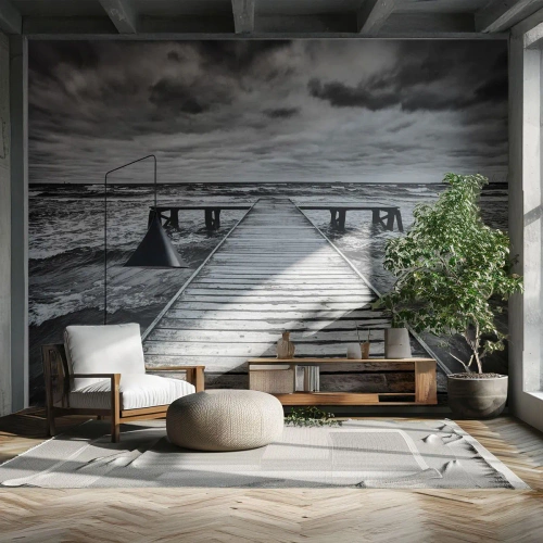 Fototapete Premium Sand - Holzsteg in Schwarz und Weiß - 100x70cm - Ich warte darauf, dass der Wind wegjagt... - Moderne Wanddekoration für Wohnzimmer und Schlafzimmer ARTTOR