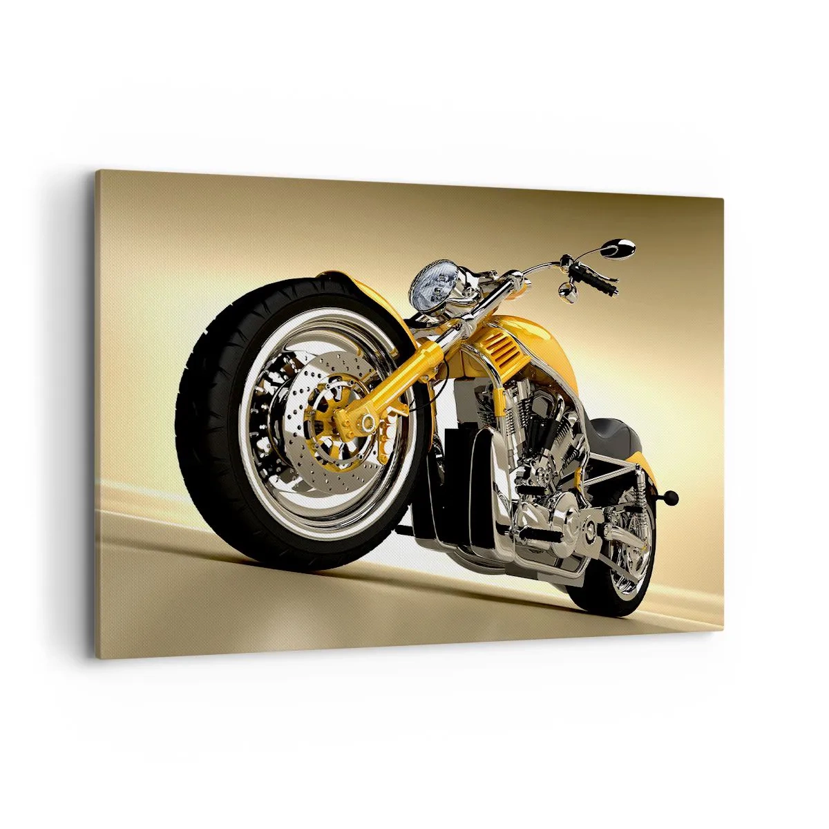 Bild auf Leinwand - Leinwandbild - Ein gelbes Motorrad im Chopper-Stil vor einer beigen Wand - 100x70cm - Ein Traum von Kraft und Geschwindigkeit - Moderne Wanddekoration für Wohnzimmer und Schlafzimmer ARTTOR