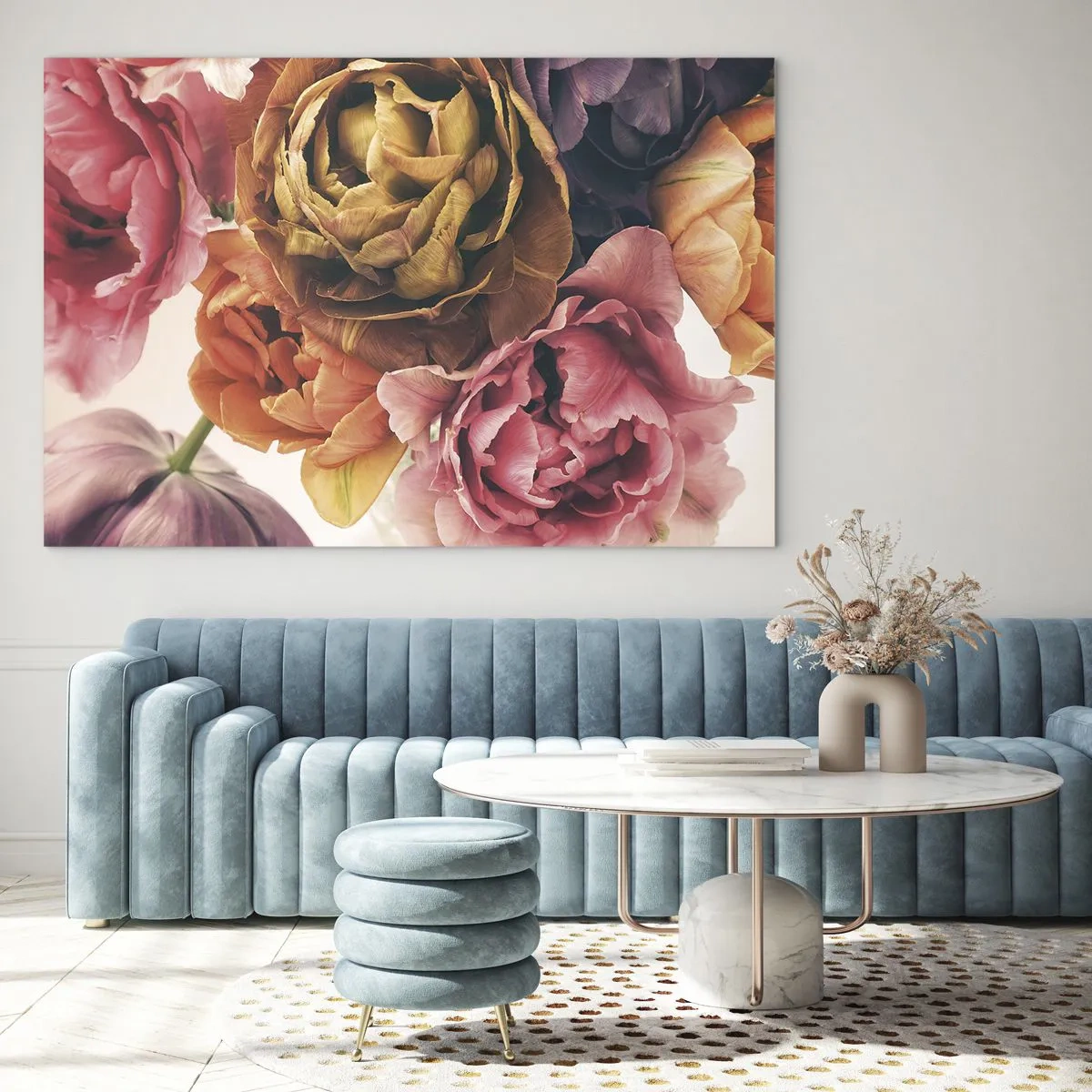 Glasbild - Bild auf glas - Eine Nahaufnahme eines Straußes bunter Blumen - 70x50cm - Eine Feier des Lebens - Moderne Wanddekoration für Wohnzimmer und Schlafzimmer ARTTOR