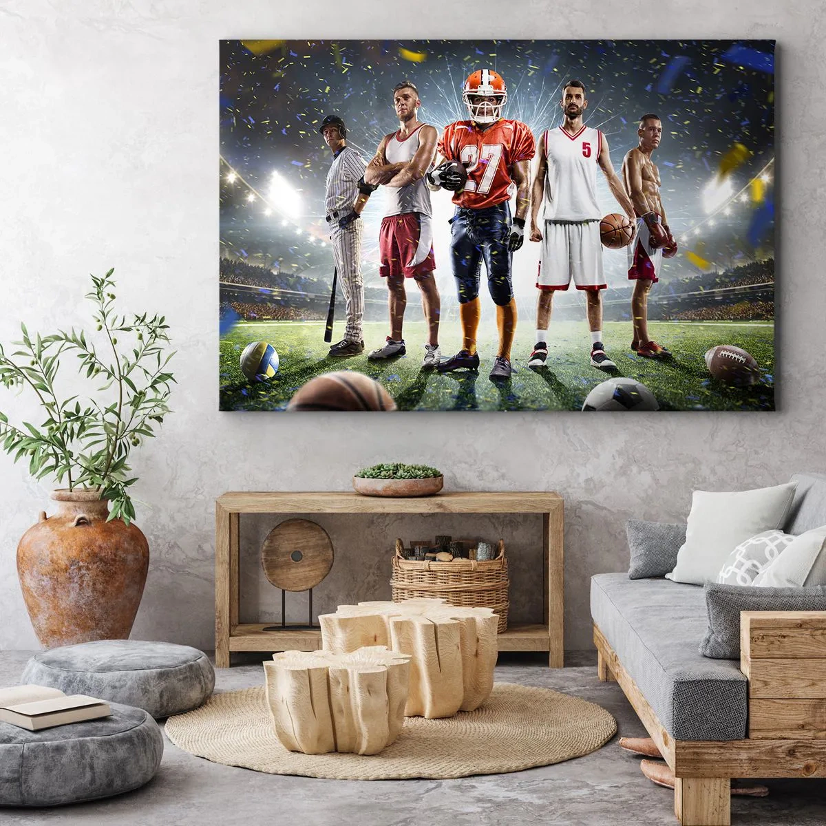 Bild auf Leinwand - Leinwandbild - Eine dynamische Szene von Athleten verschiedener Disziplinen im Stadion unter dem Scheinwerferlicht - 70x50cm - Feldgladiatoren - Moderne Wanddekoration für Wohnzimmer und Schlafzimmer ARTTOR