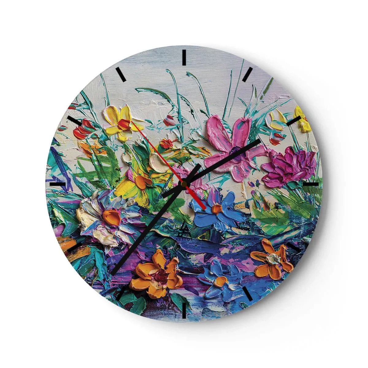 Wanduhr - Glasuhr - Eine farbenfrohe Blumenlandschaft in Impasto-Technik - 30x30cm - Überhaupt kein Stillleben - Moderne Wanddekoration für Wohnzimmer, Küche und Schlafzimmer ARTTOR