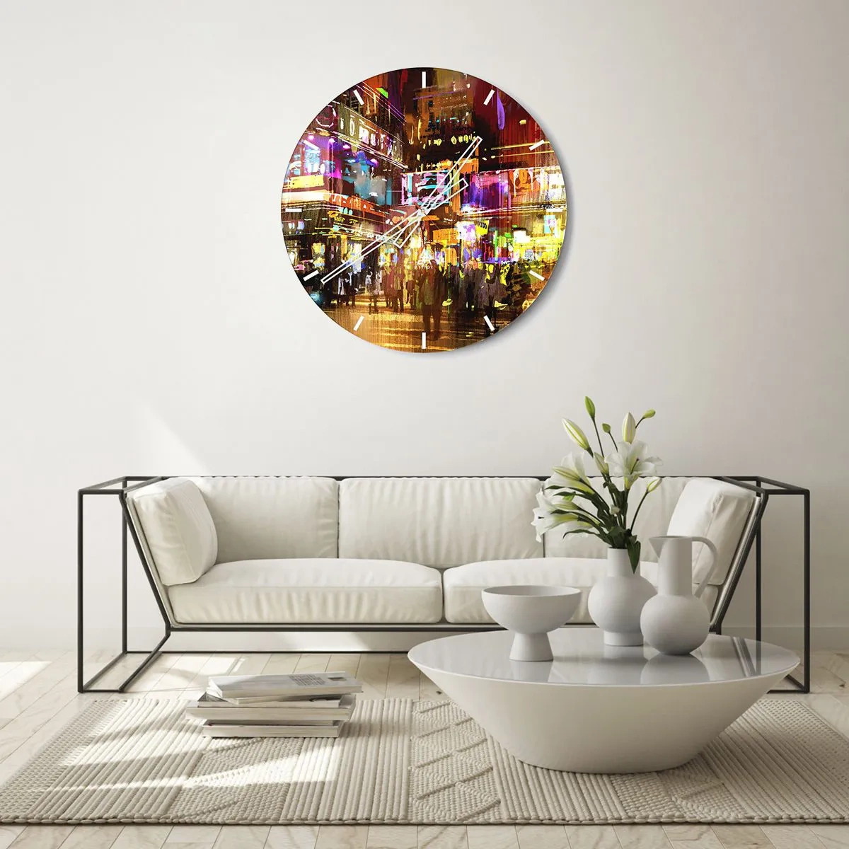 Wanduhr - Glasuhr - Nachtstadtlandschaft voller Neonlichter - 30x30cm - In einem Lichtermeer - Moderne Wanddekoration für Wohnzimmer, Küche und Schlafzimmer ARTTOR