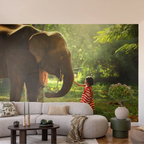 Fototapete Premium Sand - Ein Mädchen in einem roten Kleid berührt den Rüssel eines Elefanten - 100x70cm - Die Stärke der Freundschaft - Moderne Wanddekoration für Wohnzimmer und Schlafzimmer ARTTOR