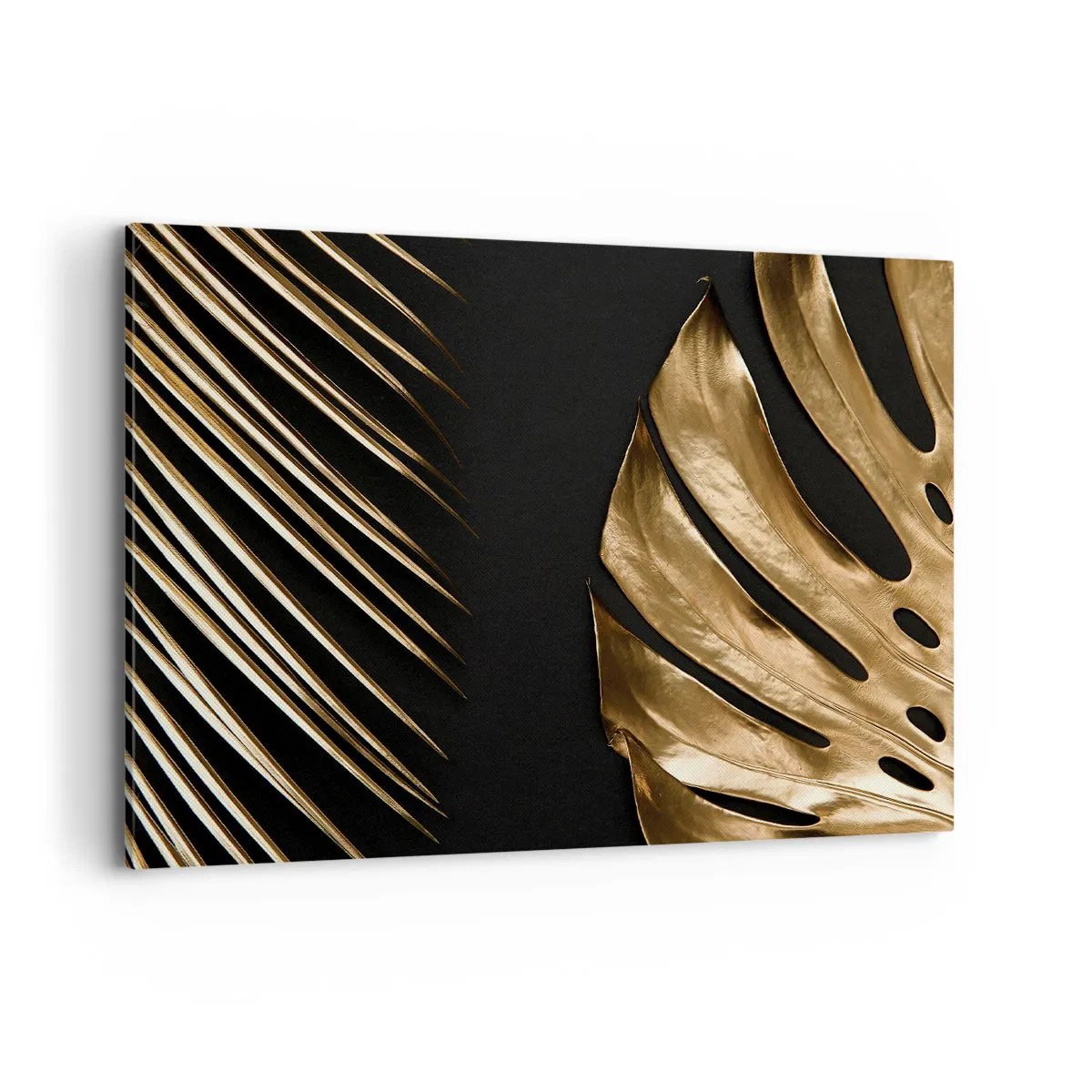 Bild auf Leinwand - Leinwandbild - Goldene Blätter auf schwarzem Hintergrund - 100x70cm - Anders und genauso teuer - Moderne Wanddekoration für Wohnzimmer und Schlafzimmer ARTTOR